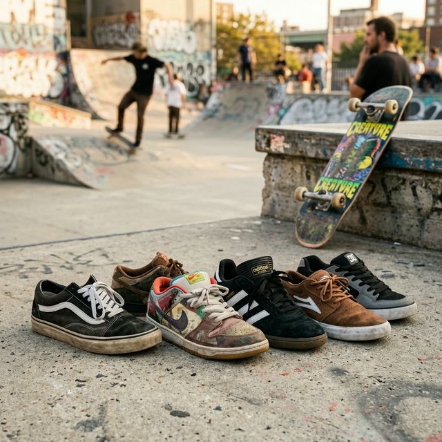 Colección de zapatillas de skate sobre una superficie de concreto en un skatepark