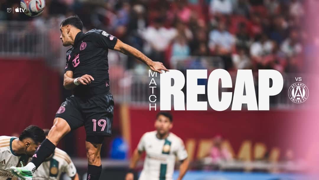 Placa oficial del Inter Miami con el resumen del partido ante Atlanta United: Germán Berterame, con la camiseta negra y el número 19, salta a cabecear entre defensores de Atlanta (imagen: prensa Inter Miami CF)
