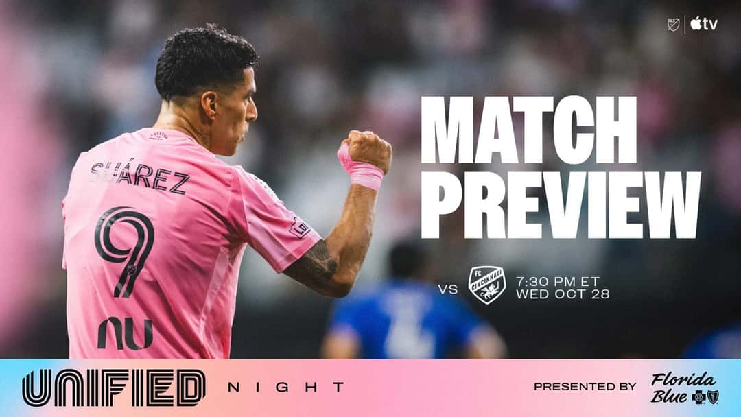 Placa oficial del Inter Miami para el partido con FC Cincinnati, con Luis Suárez con la camiseta rosa número 9 (imagen: prensa Inter Miami CF)