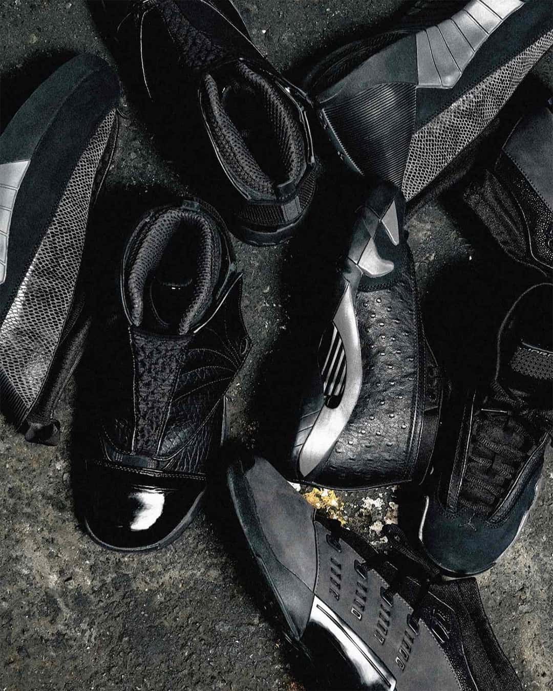 Campaña del Air Jordan Black Pack con el AJ15 de textura serpiente y el AJ17 Low en gamuza gris
