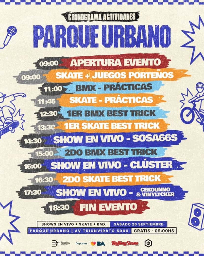 Afiche oficial con el cronograma de la inauguración del Parque Urbano: skate y Juegos Porteños a las 9, Best Trick de BMX y skate y shows en vivo hasta las 18:30, sábado 26 de septiembre en Av. Triunvirato 5960