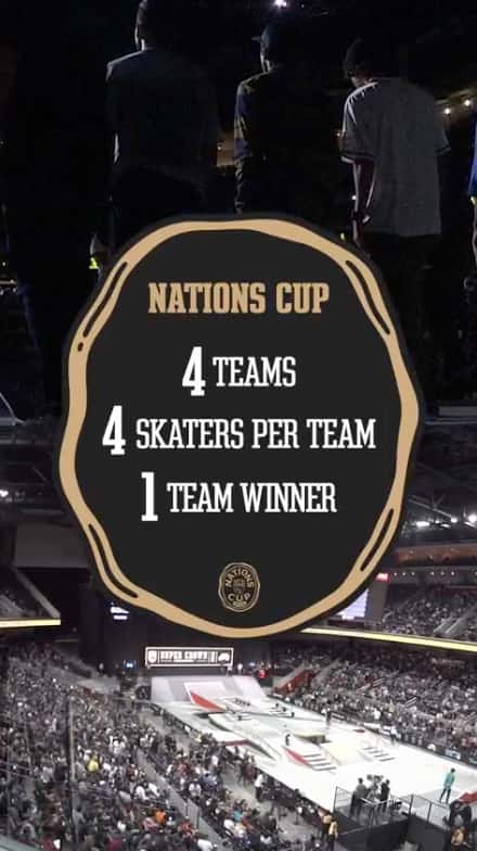 Placa oficial de la Nations Cup con el texto «4 teams, 4 skaters per team, 1 team winner» sobre una foto de una arena llena con el parque de la Street League