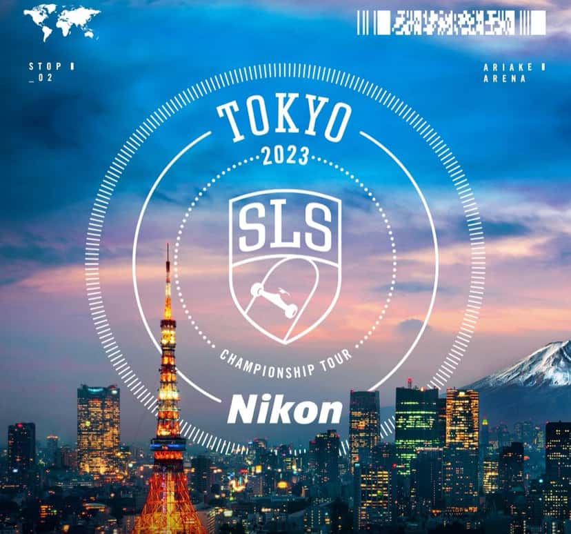 Afiche oficial de la primera fecha de la Street League en Tokio, en 2023: el escudo de la liga sobre la ciudad de noche, con la Torre de Tokio y el monte Fuji de fondo