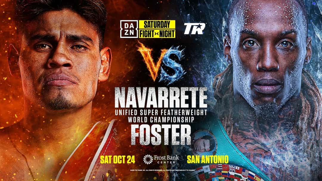 Afiche oficial de la pelea: los rostros de Navarrete y Foster enfrentados, con la fecha del sábado 24 de octubre y el Frost Bank Center de San Antonio