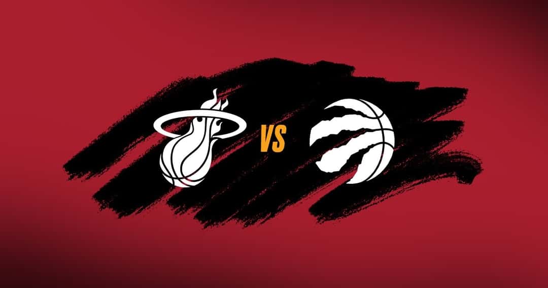 Gráfica oficial del Miami Heat para el partido ante los Toronto Raptors, con los logos de ambos equipos