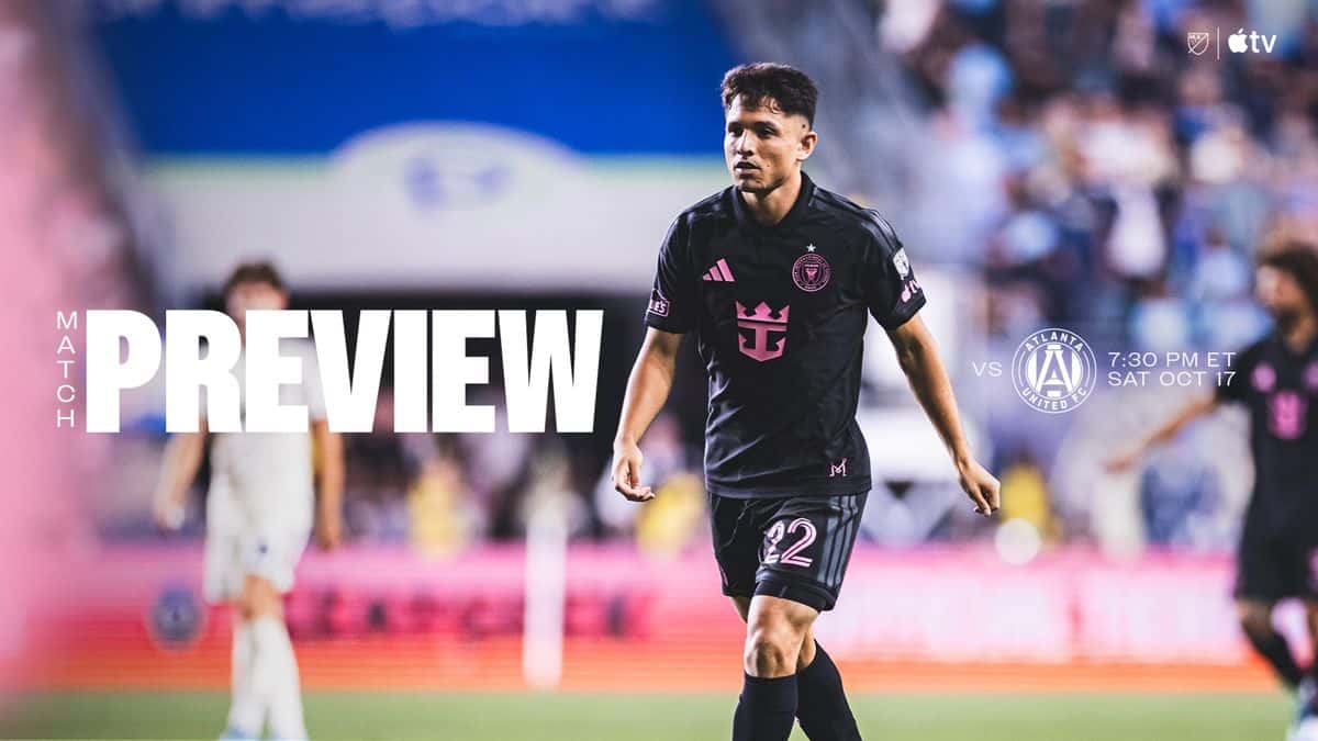 Afiche oficial de Inter Miami para el partido con Atlanta United: un jugador con la camiseta negra y rosa del club, junto al texto «Match preview» y el horario del sábado 17 de octubre (foto: prensa Inter Miami CF)
