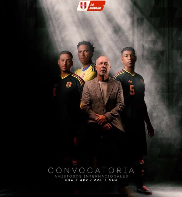 Afiche oficial de la convocatoria de Perú para los amistosos ante Estados Unidos, México, Colombia y Canadá, con el entrenador Mano Menezes en el centro y tres futbolistas de la Bicolor