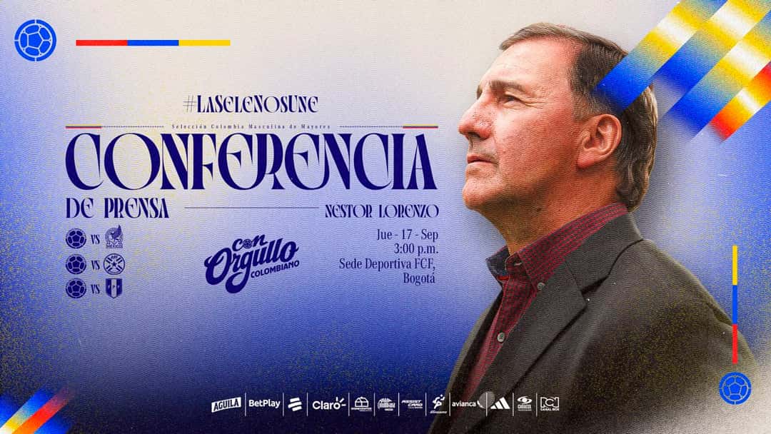 Pieza oficial de la Federación Colombiana de Fútbol que anuncia la conferencia de prensa de Néstor Lorenzo antes de los amistosos ante México, Paraguay y Perú, con una foto de archivo del técnico argentino de perfil, de saco oscuro