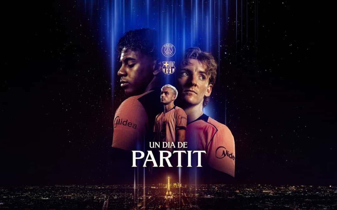 Afiche oficial del Barcelona para el día del partido con el PSG, con tres jugadores del equipo con la camiseta naranja, la Torre Eiffel iluminada de fondo y la leyenda «Un dia de partit» (imagen: FC Barcelona)
