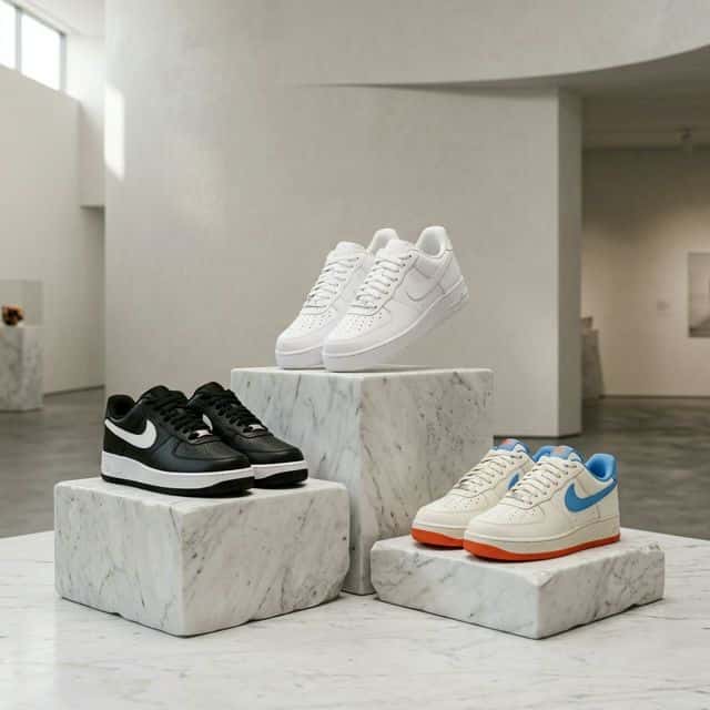 Nike Air Force 1 en tres colorways exhibidas en pedestales de mármol