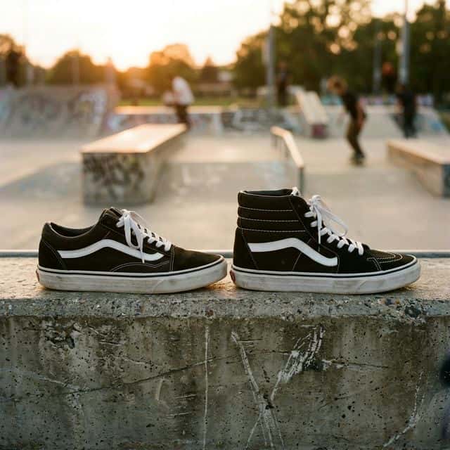 Vans Old Skool y Sk8-Hi negras lado a lado en un skatepark al atardecer