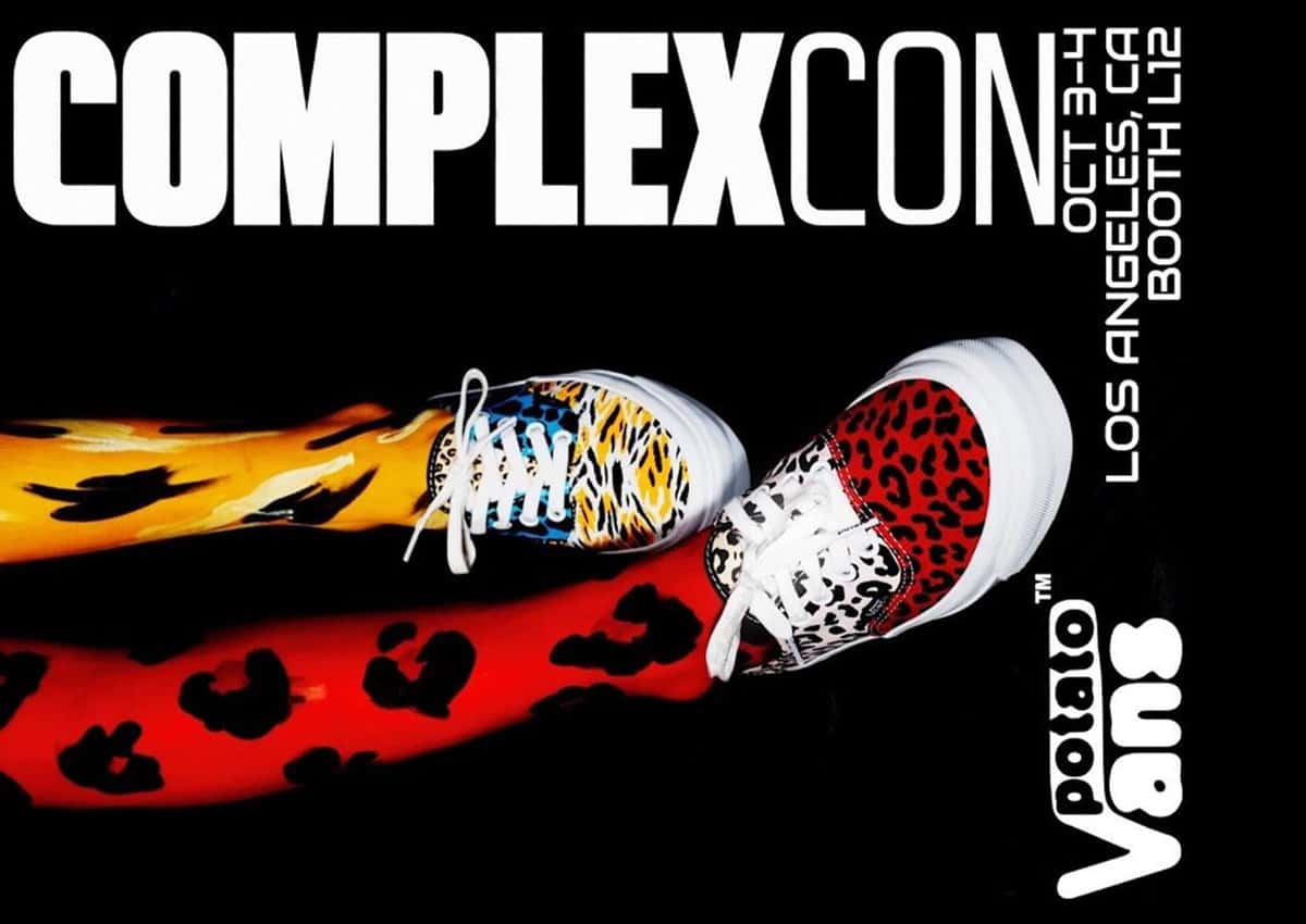 Afiche de Imran Potato x Vans para ComplexCon con un par de Authentic desparejados, uno con estampado de leopardo azul y tigre amarillo y otro con cheetah rojo y blanco