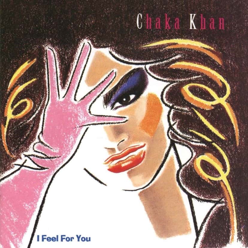 Portada de «I Feel for You», de Chaka Khan (1984): un dibujo del rostro de la cantante con una mano rosa frente a la cara y el pelo en trazos naranjas