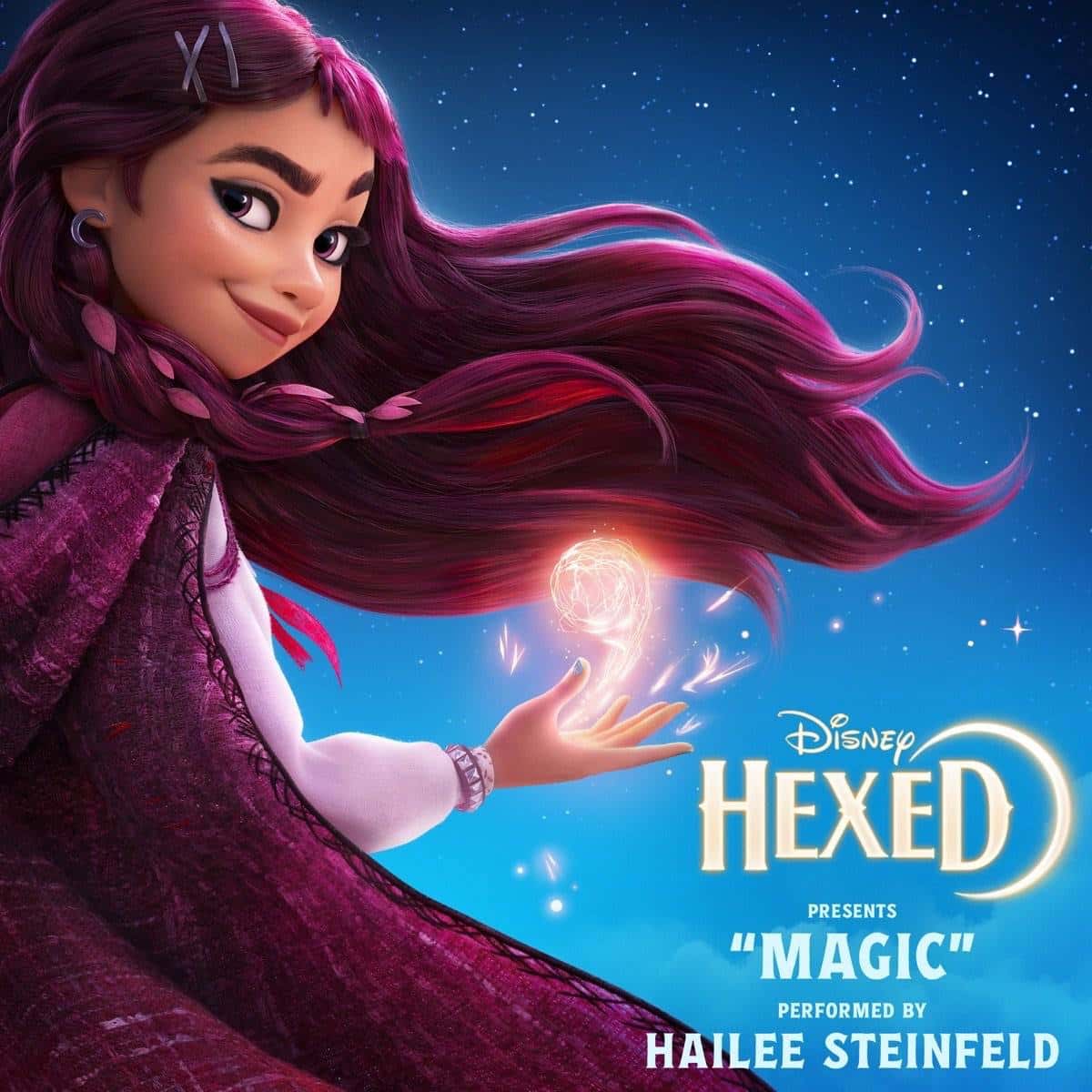 Portada de «Magic», de Hailee Steinfeld: Billie Doe, la protagonista animada de «Hexed», con el pelo largo bordó al viento y una luz mágica en la mano, sobre un cielo azul estrellado