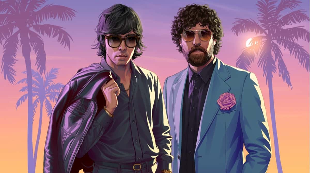 Ilustración oficial de Rockstar Games con los dos integrantes de Justice al estilo de Grand Theft Auto VI: uno de pelo lacio y anteojos oscuros con una campera de cuero violeta al hombro, y el otro de pelo enrulado, barba y saco celeste con una rosa en el bolsillo, frente a palmeras y un atardecer violeta