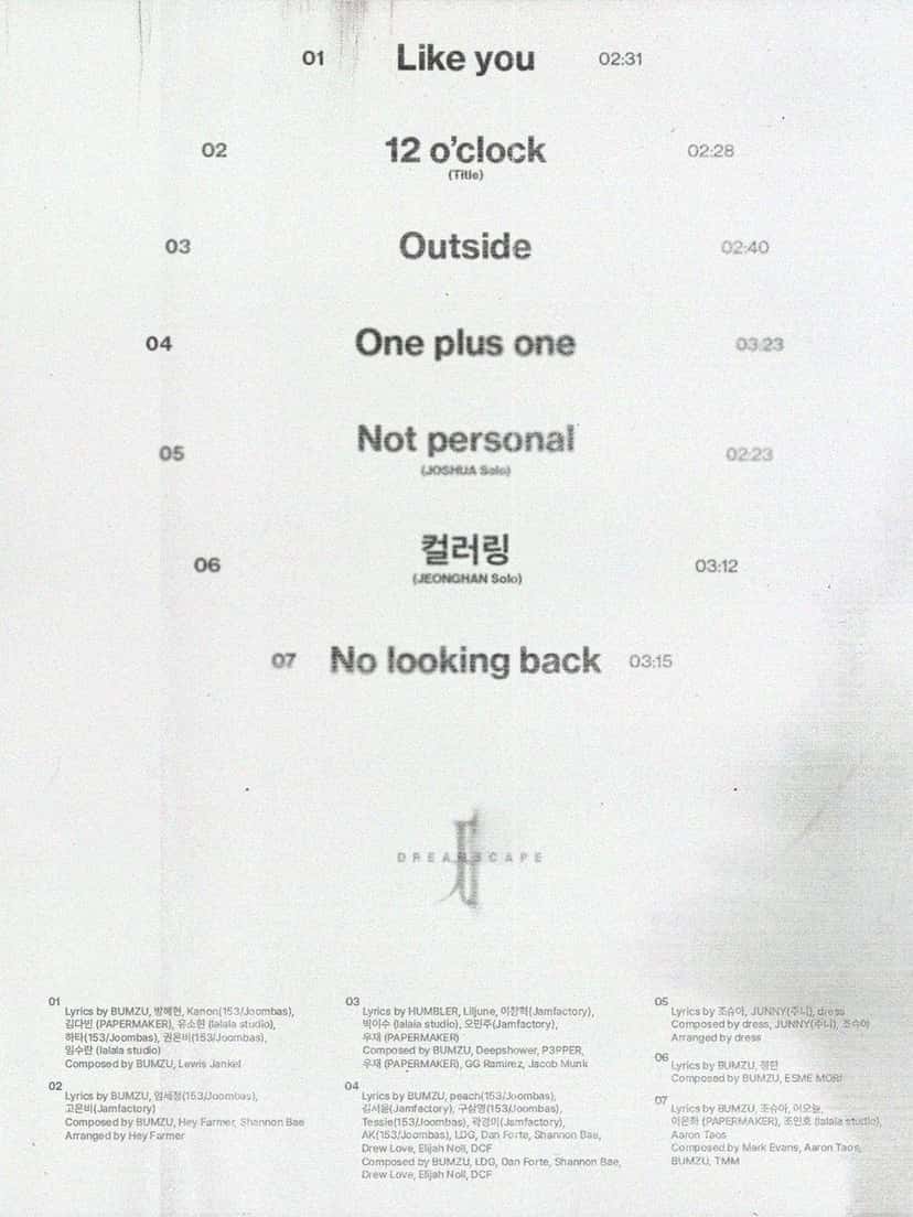 Lista oficial de canciones de «DREAMSCAPE»: los siete temas en letras negras sobre fondo blanco gastado, con «12 o'clock» marcado como tema principal
