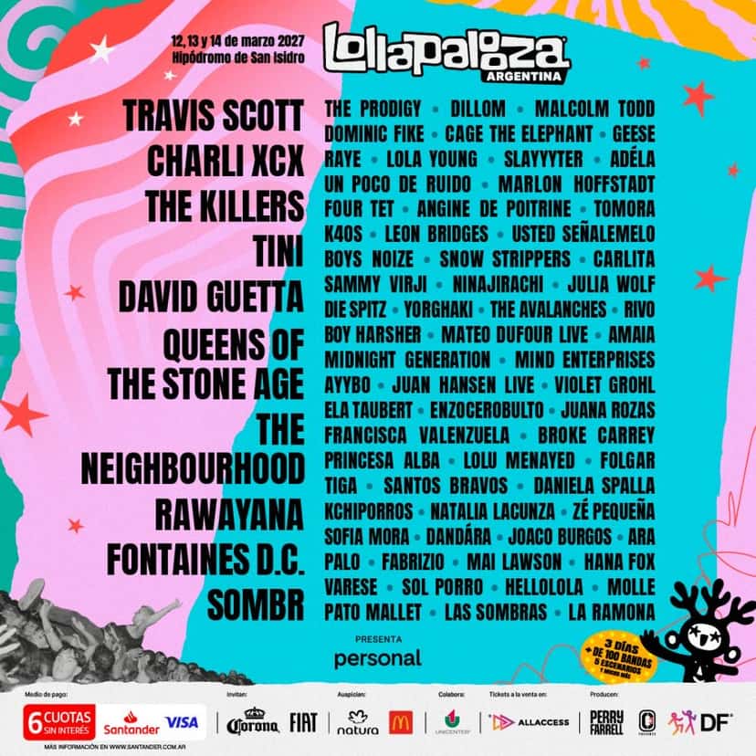 Afiche oficial de Lollapalooza Argentina 2027, del 12 al 14 de marzo en el Hipódromo de San Isidro, con Angine de Poitrine en la grilla