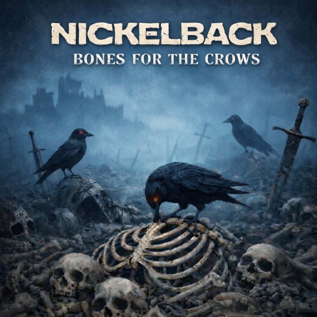 Portada de «Bones For The Crows», de Nickelback: cuervos sobre una pila de huesos y calaveras, con espadas clavadas en el suelo y un castillo en la niebla de fondo