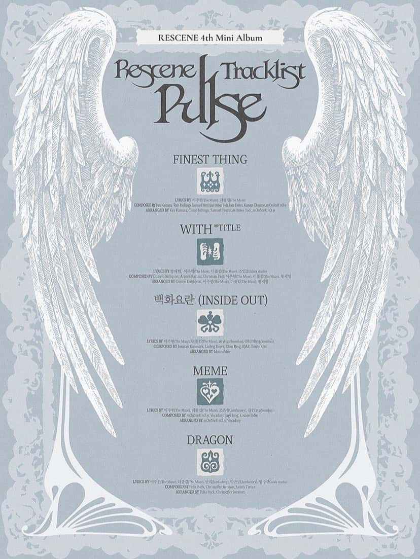 Afiche oficial con la lista de canciones de «PULSE», de RESCENE: el título en letras grises entre dos grandes alas blancas, con los cinco temas enumerados en el centro