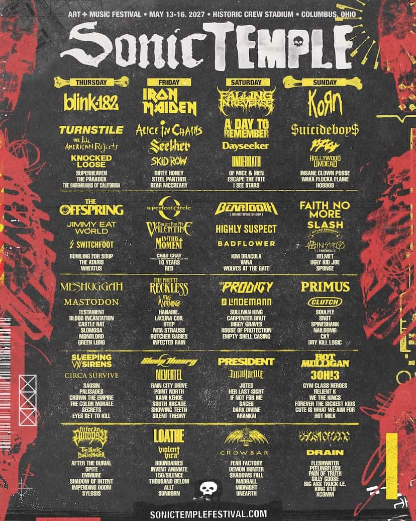 Afiche oficial de Sonic Temple 2027: la grilla completa por día en letras amarillas sobre fondo negro, con blink-182, Iron Maiden, Falling in Reverse y Korn arriba de cada columna, y manchas rojas a los costados