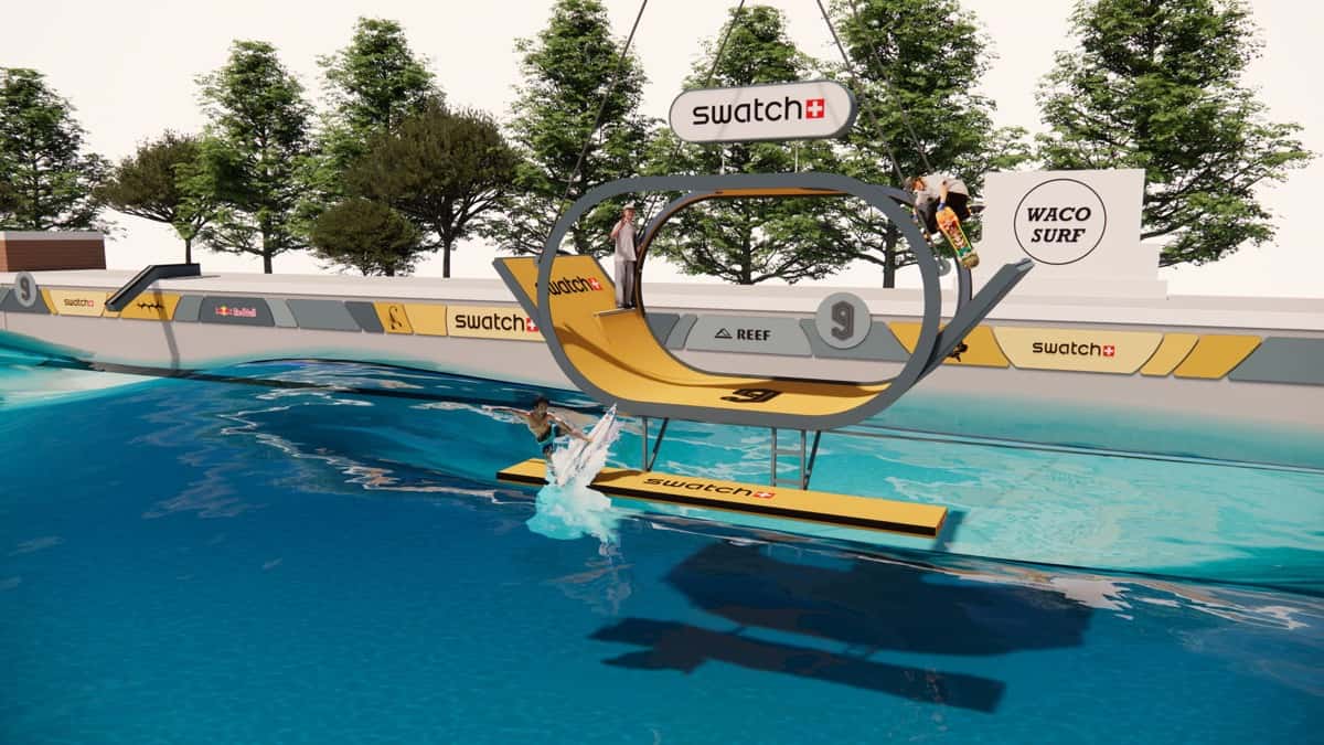 Render oficial del recorrido 2026 de Swatch Nines en Waco Surf: una estructura con forma de O colgada de una grúa sobre la pileta de olas, con un surfista abajo y un skater arriba