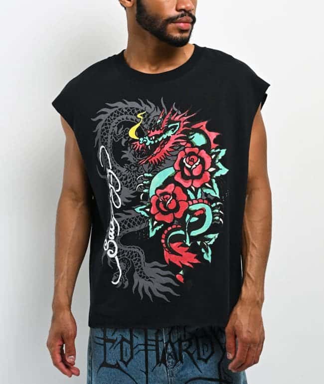 Playera sin mangas Ed Hardy x $AD BOYZ Nuble negra con dragón gris y rojo, rosas y firma en letra cursiva