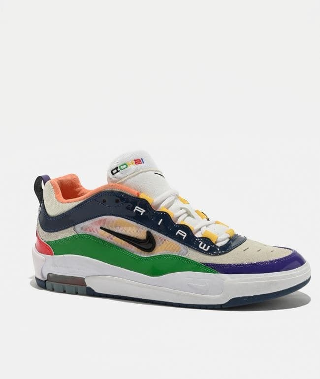 Zapatilla de skate Nike SB Air Max Ishod PRM Billiards multicolor, con charol verde, azul marino y violeta, puntera de gamuza y Swoosh negro